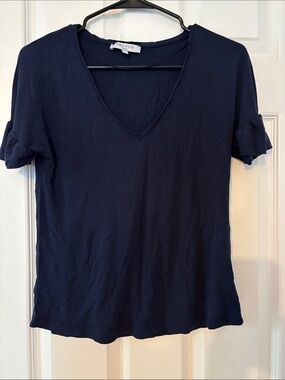Navy V-Neck Short Sleeve with Ruffle Sleeves